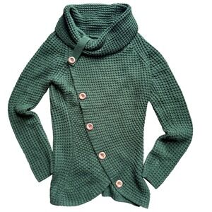 Green Waffle Knit women's S/M Cowl Neck Asymmetrical Button Cardigan Sweater